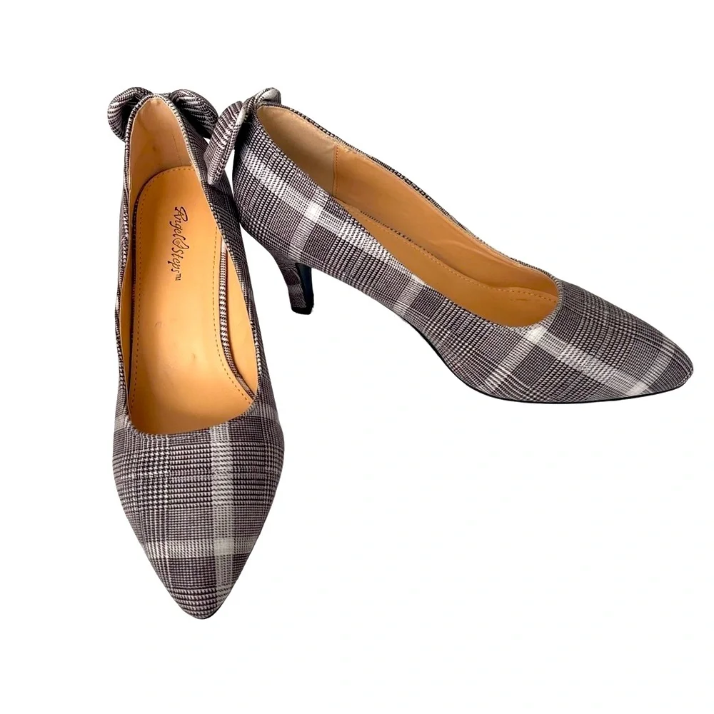 NWOT ANGEL STEPS Brown and Cream Plaid Fabric Pump Heels. Size 8.5